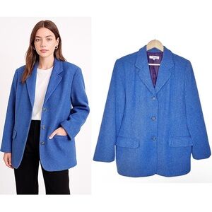 Vtg Norm Thompson Wool Twill Herringbone Blazer Sz 14 Blue Notched Collar Office